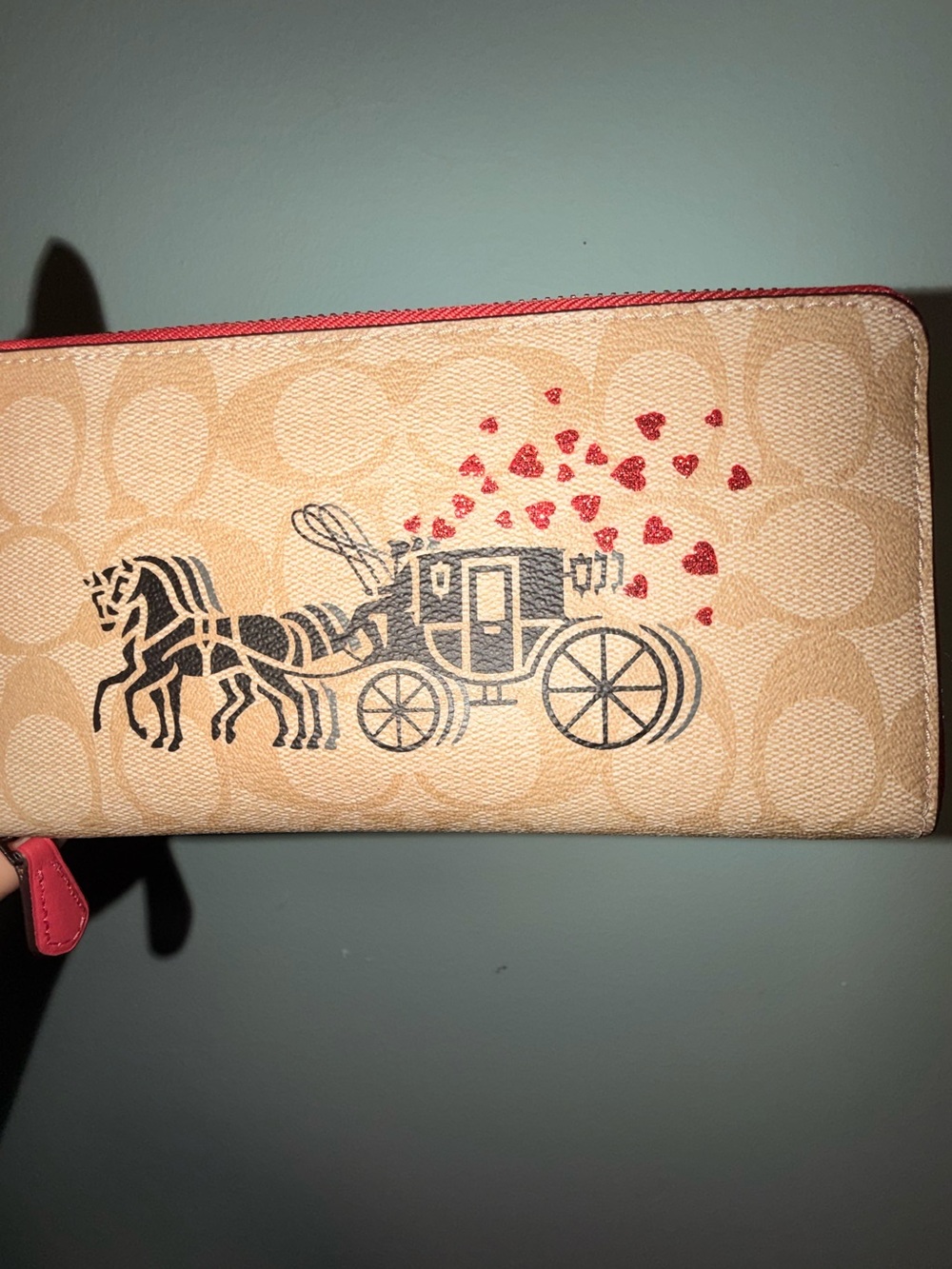 Coach Beige Signature Leather Wallet with Horse & Carriage and Red Heart Motif